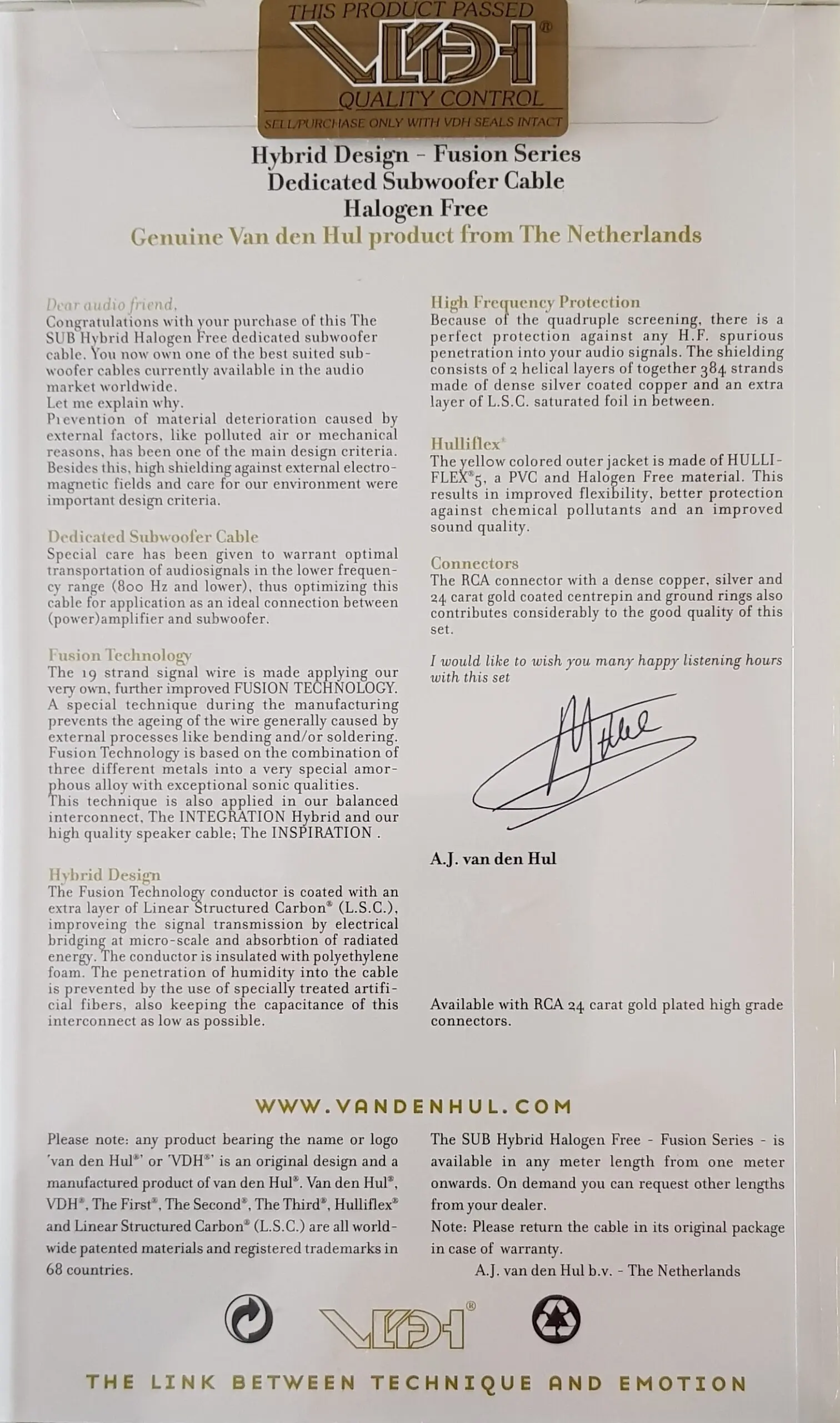 Van den Hul The Sub Hybrid RCA subwooferkabel met vergulde connectoren vanaf 1,0 meter - Afbeelding 4