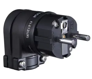 Furutech FI-E12L (R) Rhodium - haakse schuko netstekker 16A van Ø6,6mm tot Ø18mm