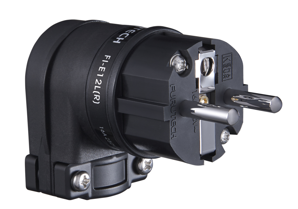 Furutech FI-E12L (R) Rhodium - haakse schuko netstekker 16A van Ø6,6mm tot Ø18mm