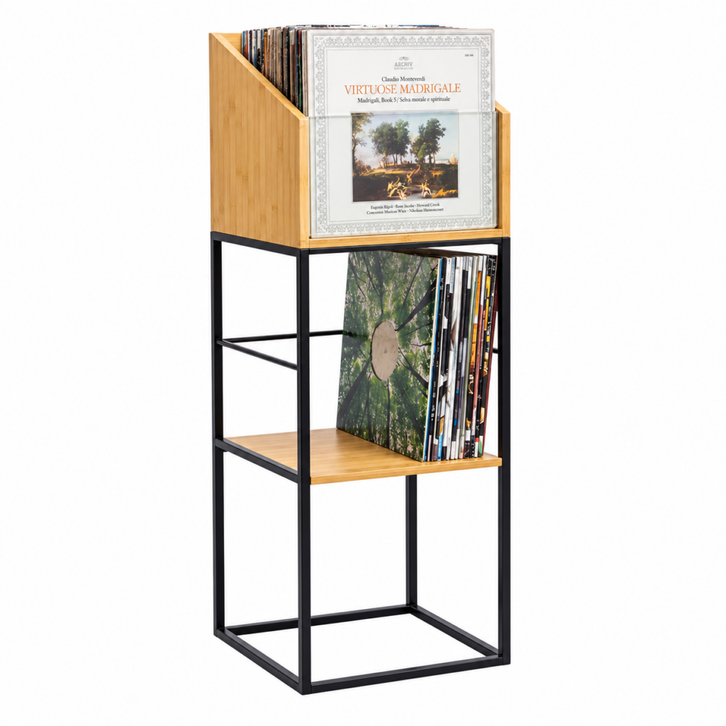 NorStone Vinyl LP Stand | platenrek voor circa 160 LP’s | zwart metaal en bamboe