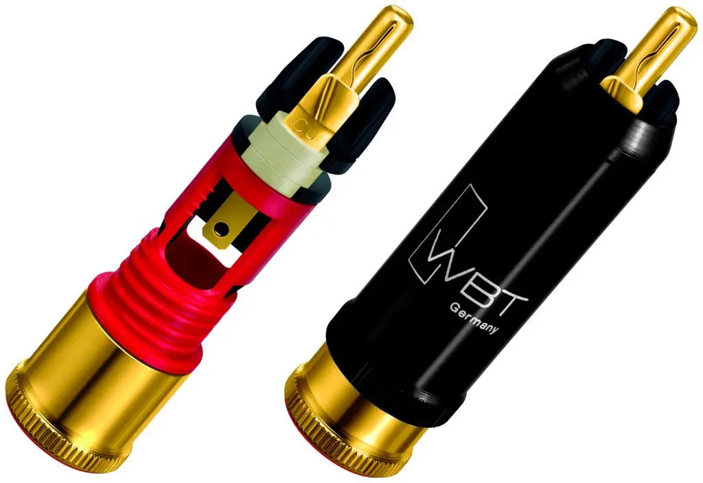 WBT-0110 Cu nextgen RCA-connector | Verguld puur koper | Analoog & digitaal 75 Ω | Kabel tot Ø 9 mm | Set van 4