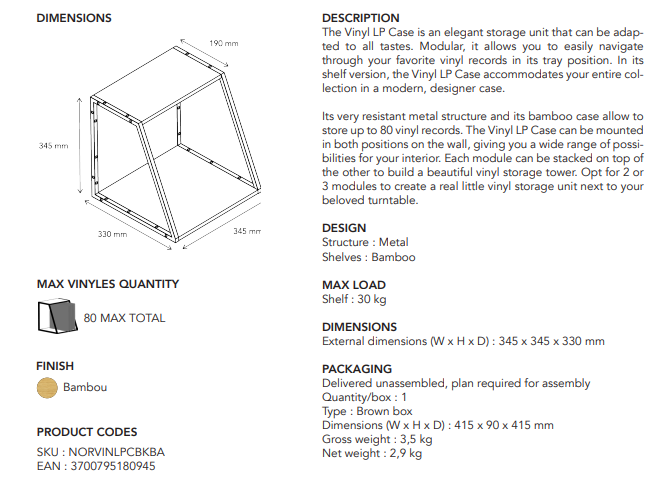 NorStone Vinyl LP Case zwart metaal met bamboo 345 x 345 x 330 mm (W x H x D) per stuk - Afbeelding 7
